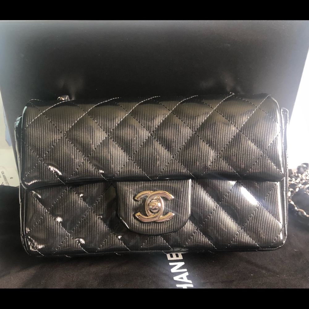 Chanel Striated Patent Mini Rectangular Bag Black